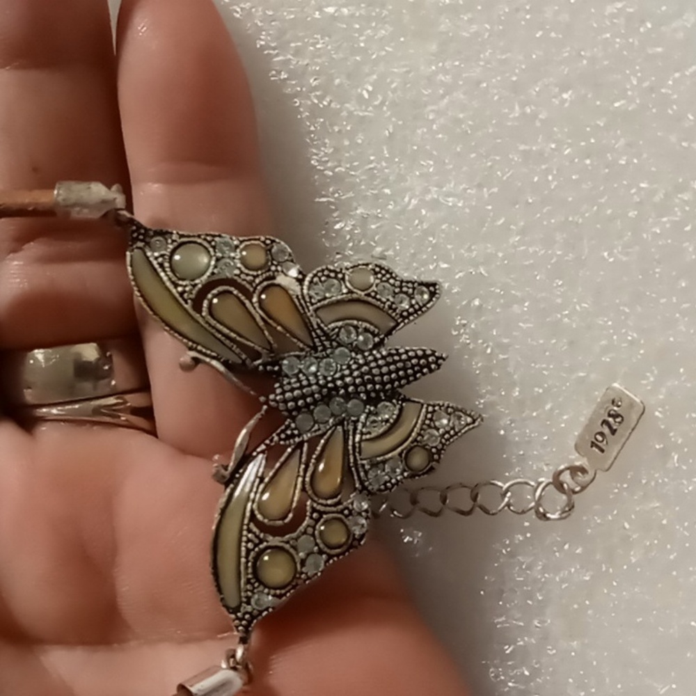 1928 Silver and Gold Butterfly Pendant Necklace 18 In Long.